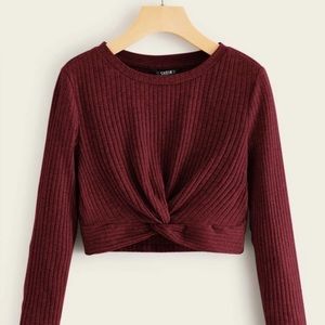 Twist Hem Rib-Knit Burgundy Tee
